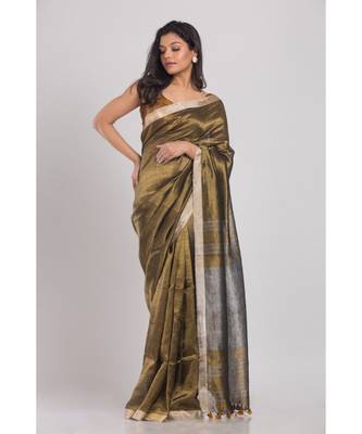 Gold Pure Linen Tissue Handloom Saree 1