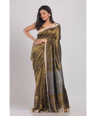 Gold Pure Linen Tissue Handloom Saree 2