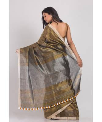 Gold Pure Linen Tissue Handloom Saree 3