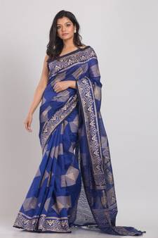 Blue print branded silk cotto Festive Saree
