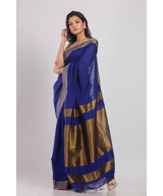 Blue Blended Cotton Handloom Saree Golden Pallu 1