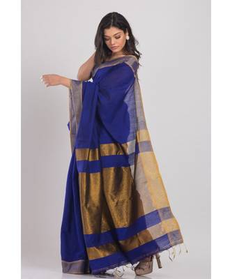 Blue Blended Cotton Handloom Saree Golden Pallu 2