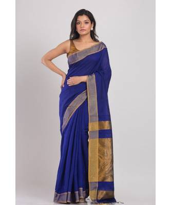 Blue Blended Cotton Handloom Saree Golden Pallu 4