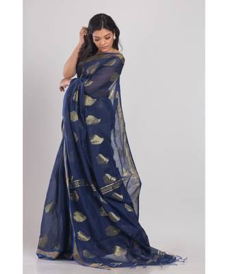 All Over Jecquard Jori Work Navy Blue Handloom Saree 1