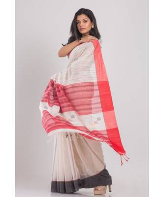 Allover Kantha Work Off White Handloom Saree 1
