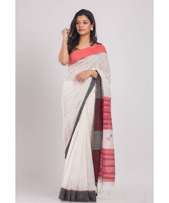 Allover Kantha Work Off White Handloom Saree 4