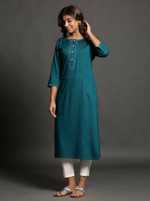 Teal plain rayon ethnic-kurtis 1