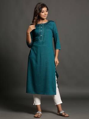 Teal plain rayon ethnic-kurtis 3
