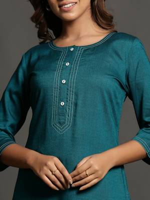 Teal plain rayon ethnic-kurtis 5
