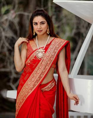 Shraddha Arya Designer Red woven art silk saree with blouse 1