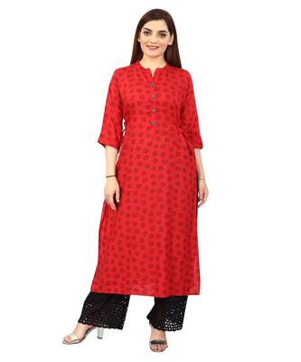  Red printed rayon long-kurtis 1