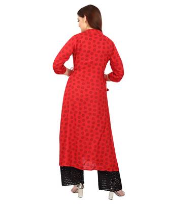  Red printed rayon long-kurtis 2
