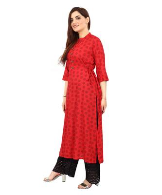  Red printed rayon long-kurtis 3