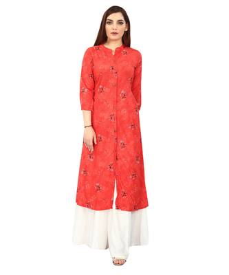  Red printed rayon long-kurtis 1