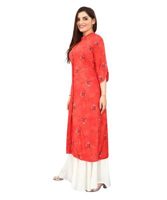  Red printed rayon long-kurtis 3