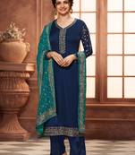 Blue Jari Embroidery Work Georgette Semi Stitched Suits Designer Churidar salwar