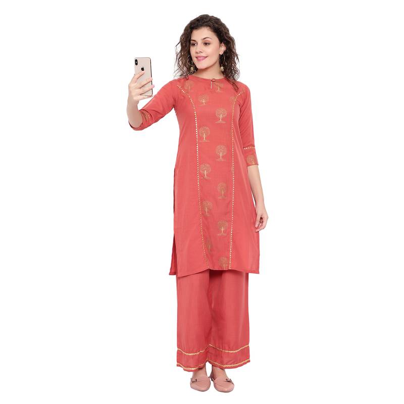Women's Brown Rayon Foil Print A-Line KurtiFor Girls