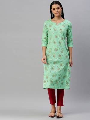 Light-Green Printed Cotton Cotton-Kurtis 1
