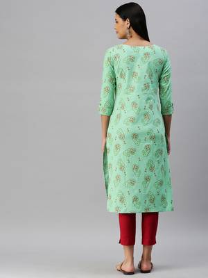 Light-Green Printed Cotton Cotton-Kurtis 2