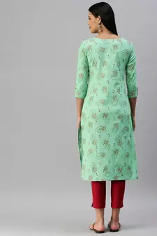 Light-Green Printed Cotton Cotton-Kurtis