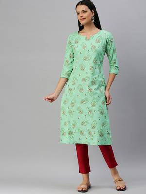 Light-Green Printed Cotton Cotton-Kurtis 3