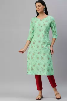 Light-Green Printed Cotton Cotton-Kurtis