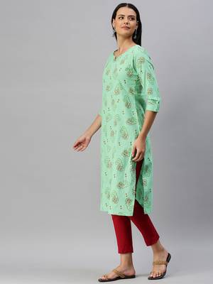 Light-Green Printed Cotton Cotton-Kurtis 4