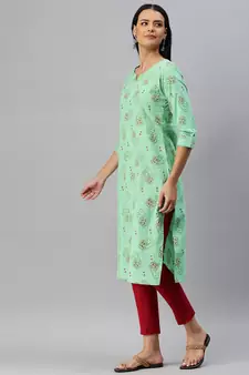 Light-Green Printed Cotton Cotton-Kurtis