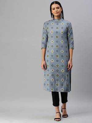 Grey Printed Cotton Cotton-Kurtis 1