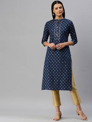 Navy-Blue Printed Cotton Cotton-Kurtis 1