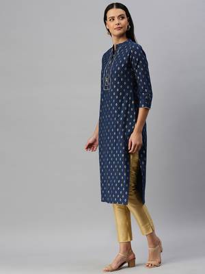 Navy-Blue Printed Cotton Cotton-Kurtis 3