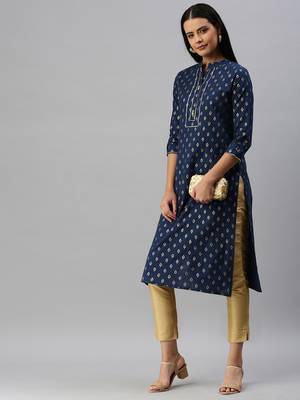 Navy-Blue Printed Cotton Cotton-Kurtis 4