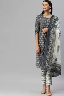 Dark-grey printed cotton cotton-kurtis