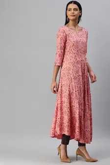 Peach Printed Rayon Ethnic-Kurtis