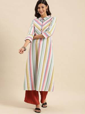 Multicoloured Striped Bell Sleeves Kurta 1