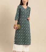 Navy Blue Ethnic Motifs Pure Cotton Printed Kurta