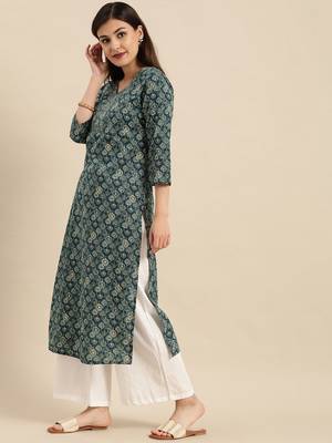 Navy Blue Ethnic Motifs Pure Cotton Printed Kurta 2