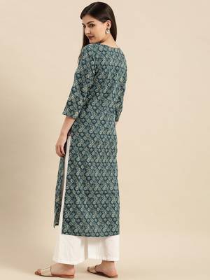 Navy Blue Ethnic Motifs Pure Cotton Printed Kurta 3