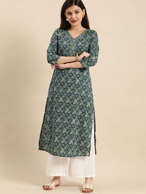 Navy Blue Ethnic Motifs Pure Cotton Printed Kurta 4