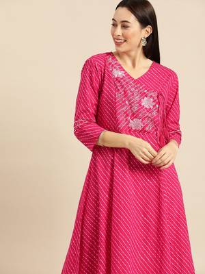 Pink & White Leheriya Printed Angrakha Kurta With Embroidery 1