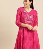 Pink & White Leheriya Printed Angrakha Kurta With Embroidery