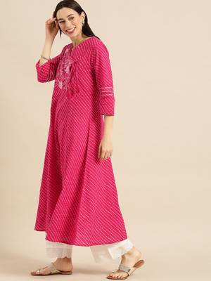 Pink & White Leheriya Printed Angrakha Kurta With Embroidery 2