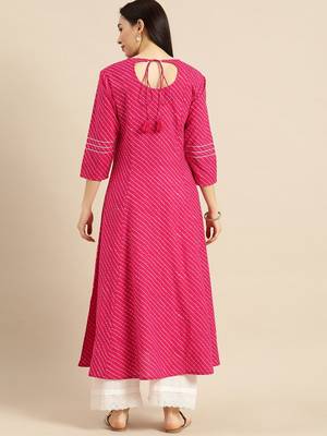 Pink & White Leheriya Printed Angrakha Kurta With Embroidery 3