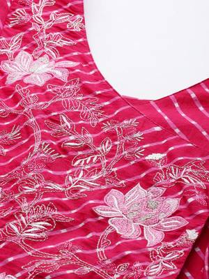 Pink & White Leheriya Printed Angrakha Kurta With Embroidery 5