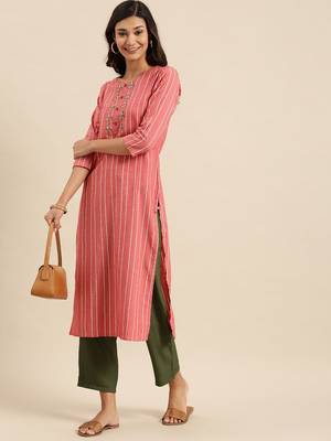 Coral Pink & White Striped Thread Work Kurta 1