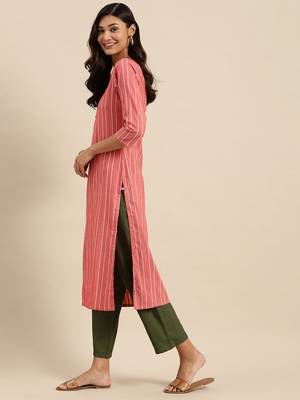 Coral Pink & White Striped Thread Work Kurta 2