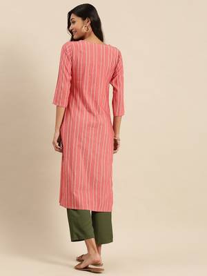 Coral Pink & White Striped Thread Work Kurta 3