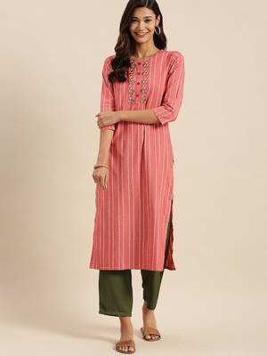 Coral Pink & White Striped Thread Work Kurta 4