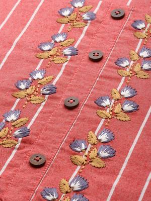Coral Pink & White Striped Thread Work Kurta 5