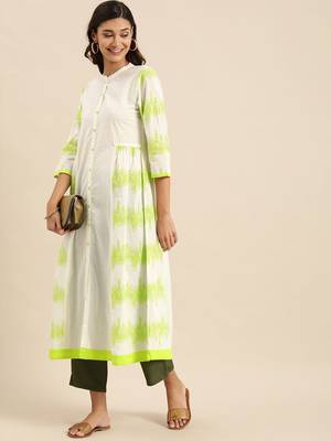 White & Lime Green Floral Printed Kurta 1